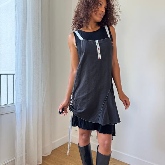 Vintage French Apron-Layer Lace-Up Dress (M) - Picture 2 of 7